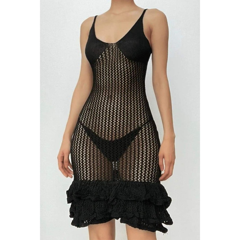 Micas Crochet Mini Dress Black Sleeveless Ruffle Hem Cover Up Beach Party Large‎